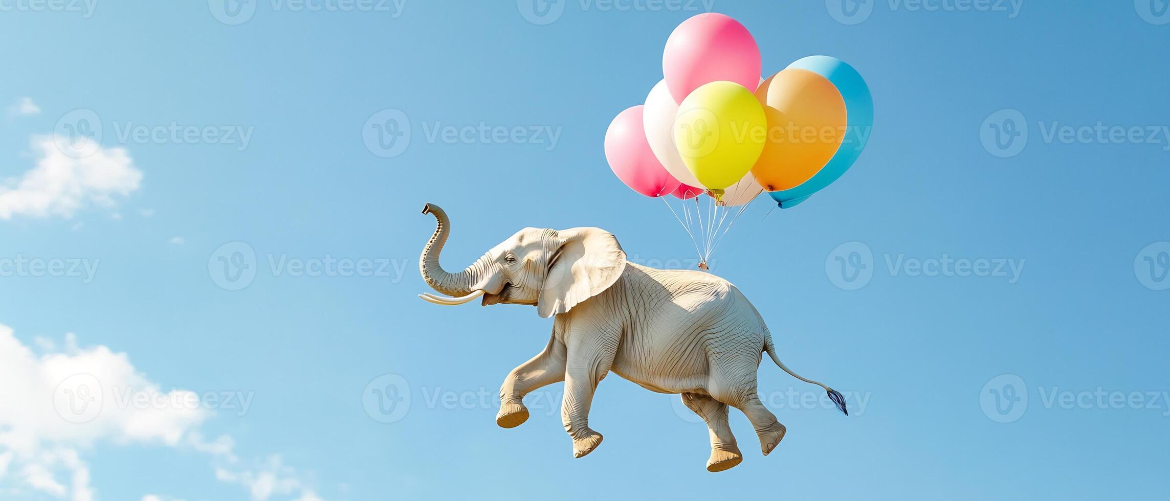 An elephant is flying through the air with colorful balloons photo
