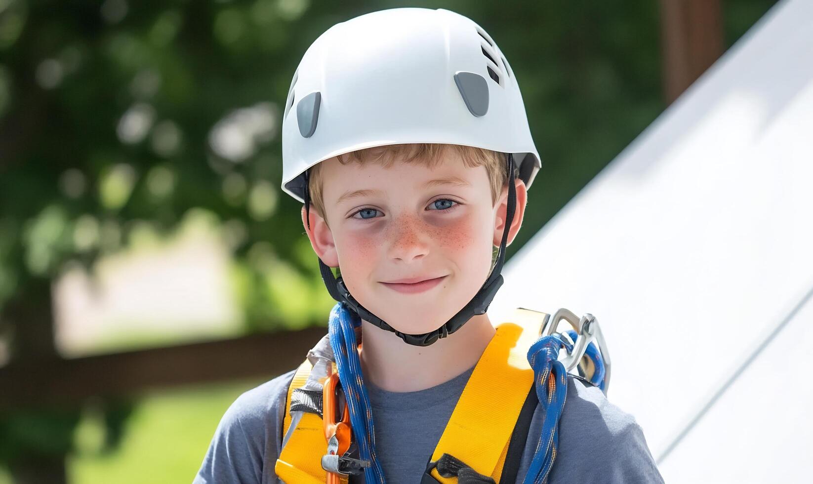 Boy in helmet, zipline harness, outdoors. Summer camp activity photo