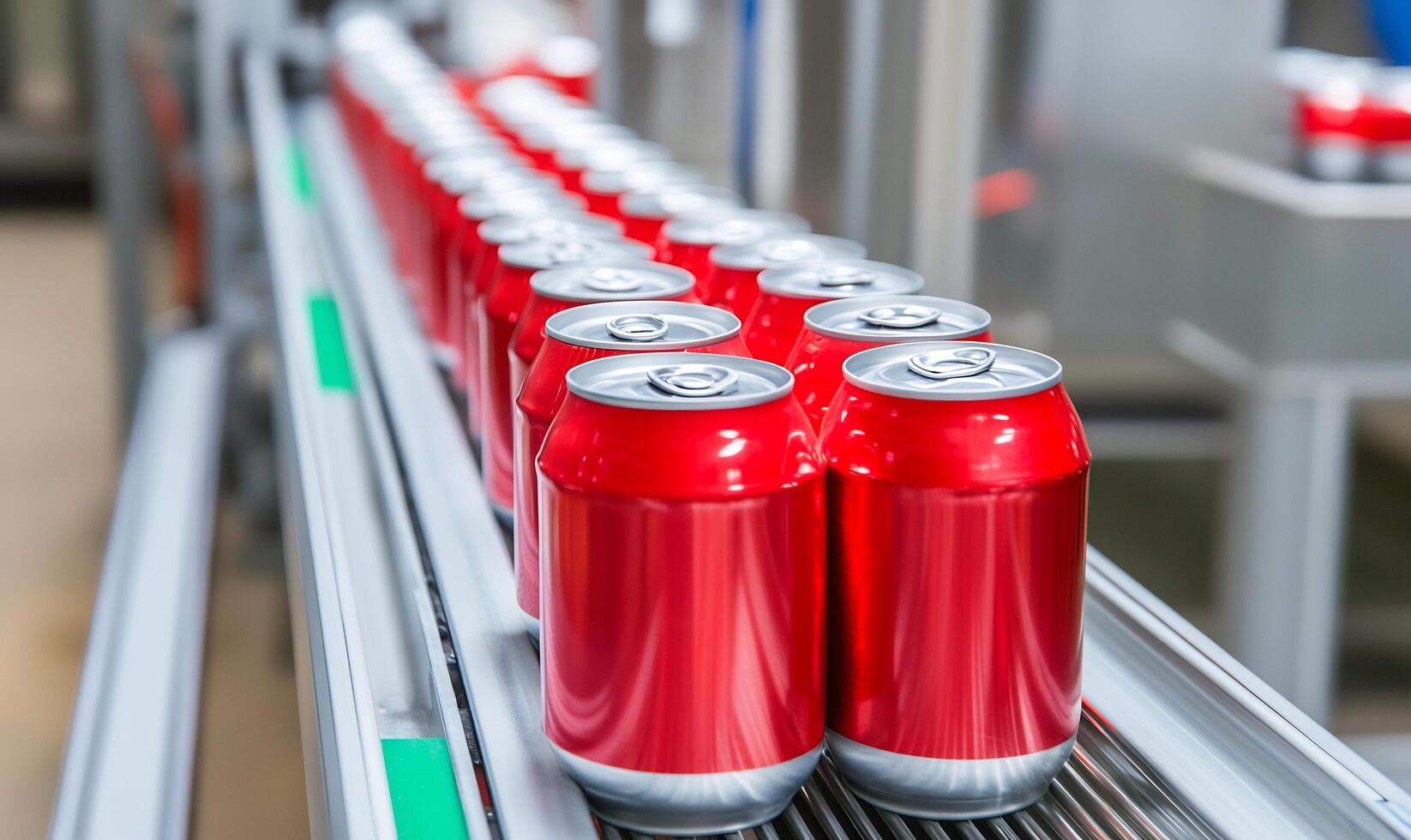 Red cans on conveyor belt in factory photo