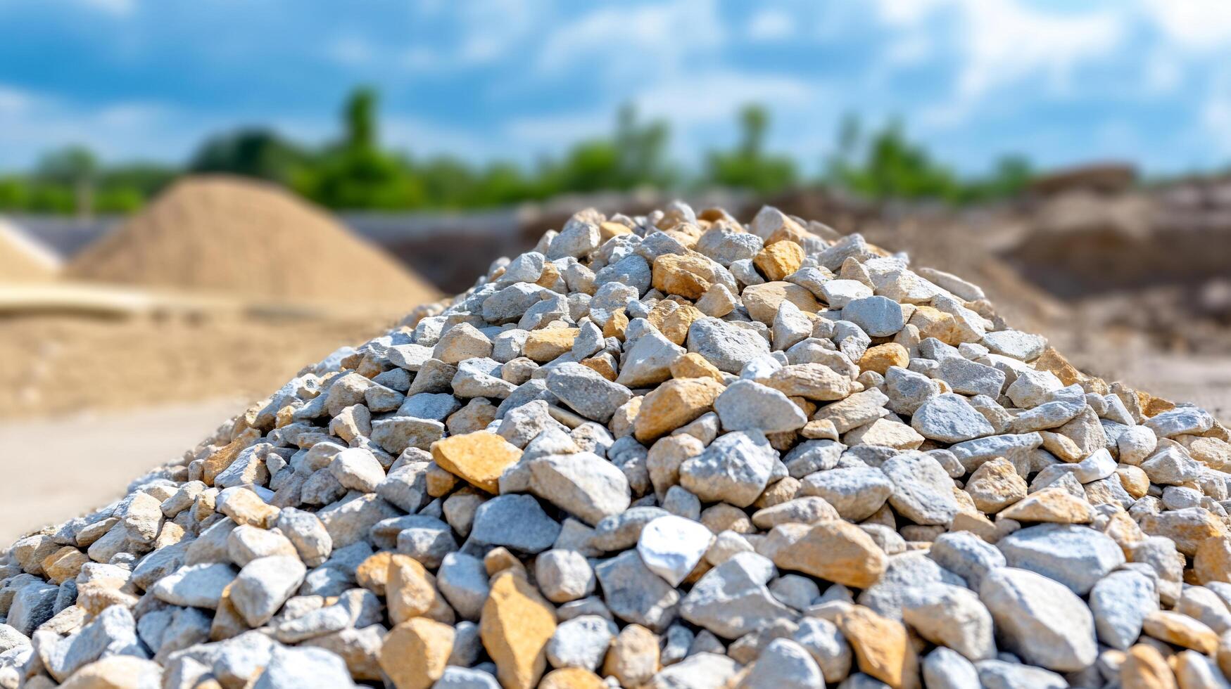 Gravel pile, construction site, sunny day, background blurry photo