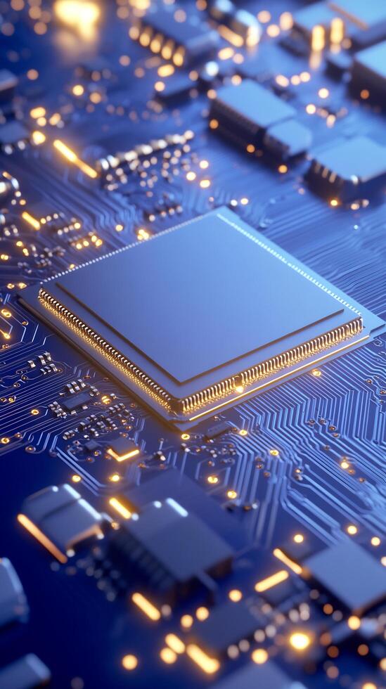 Close-up CPU on circuit board, glowing, technology photo