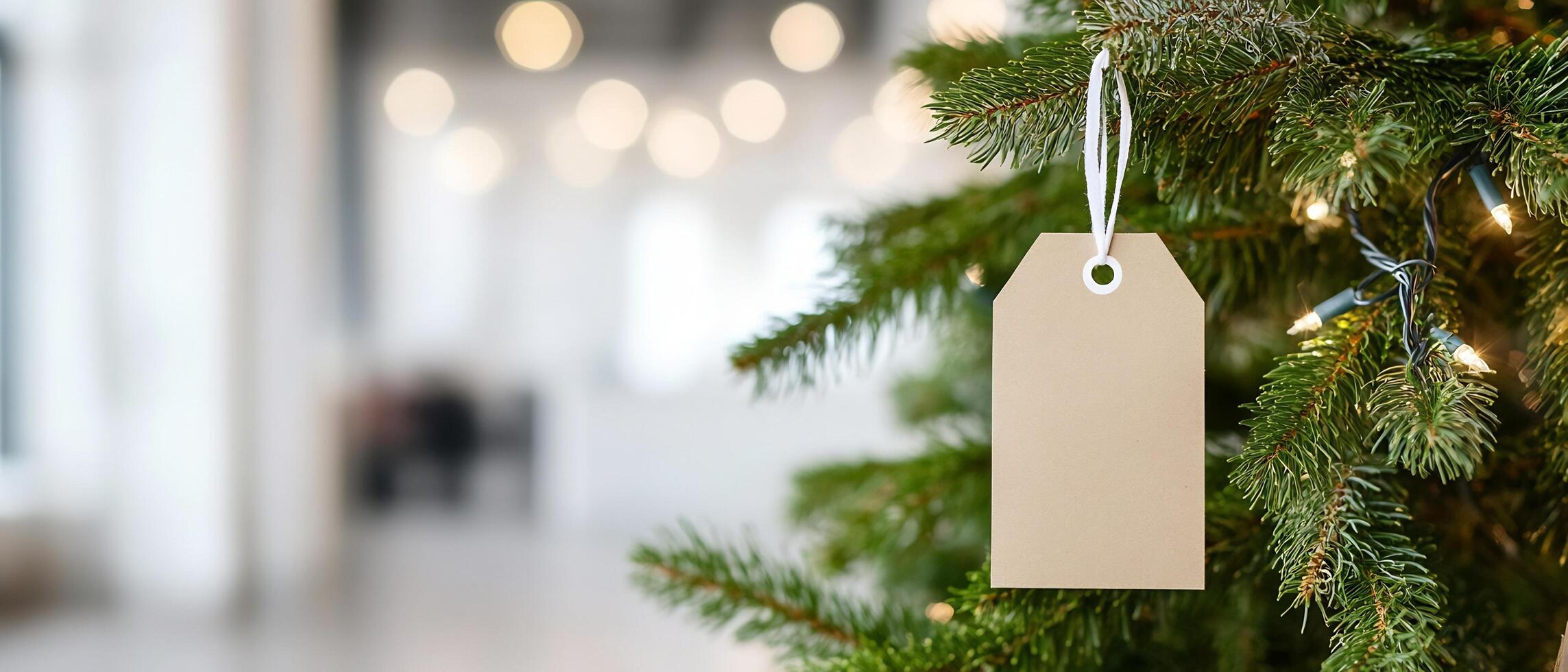 Blank tag on Christmas tree in modern space. Holiday gift idea photo