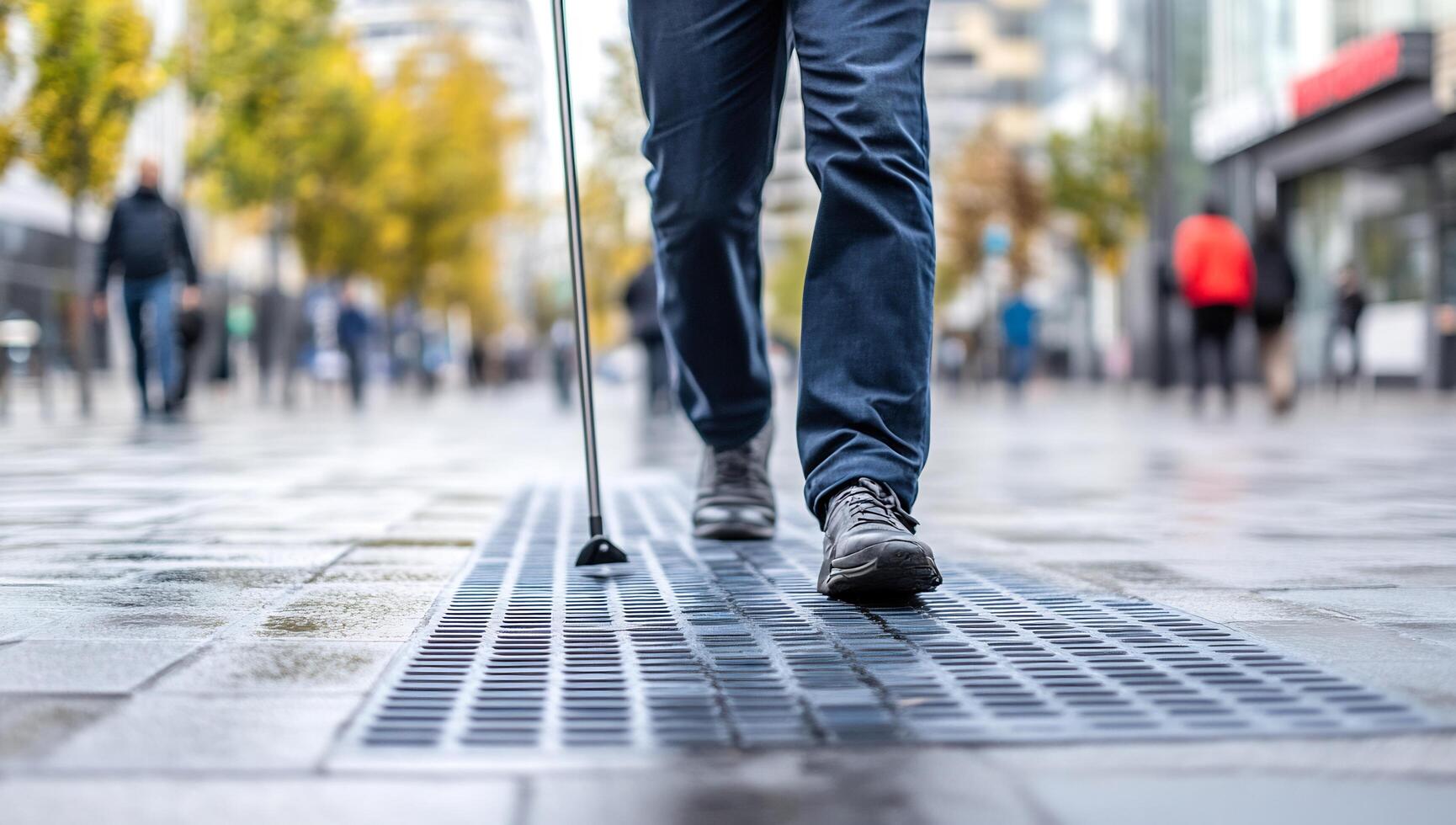Person Walking with Cane on Urban Street with Tactile Path for Accessibility photo