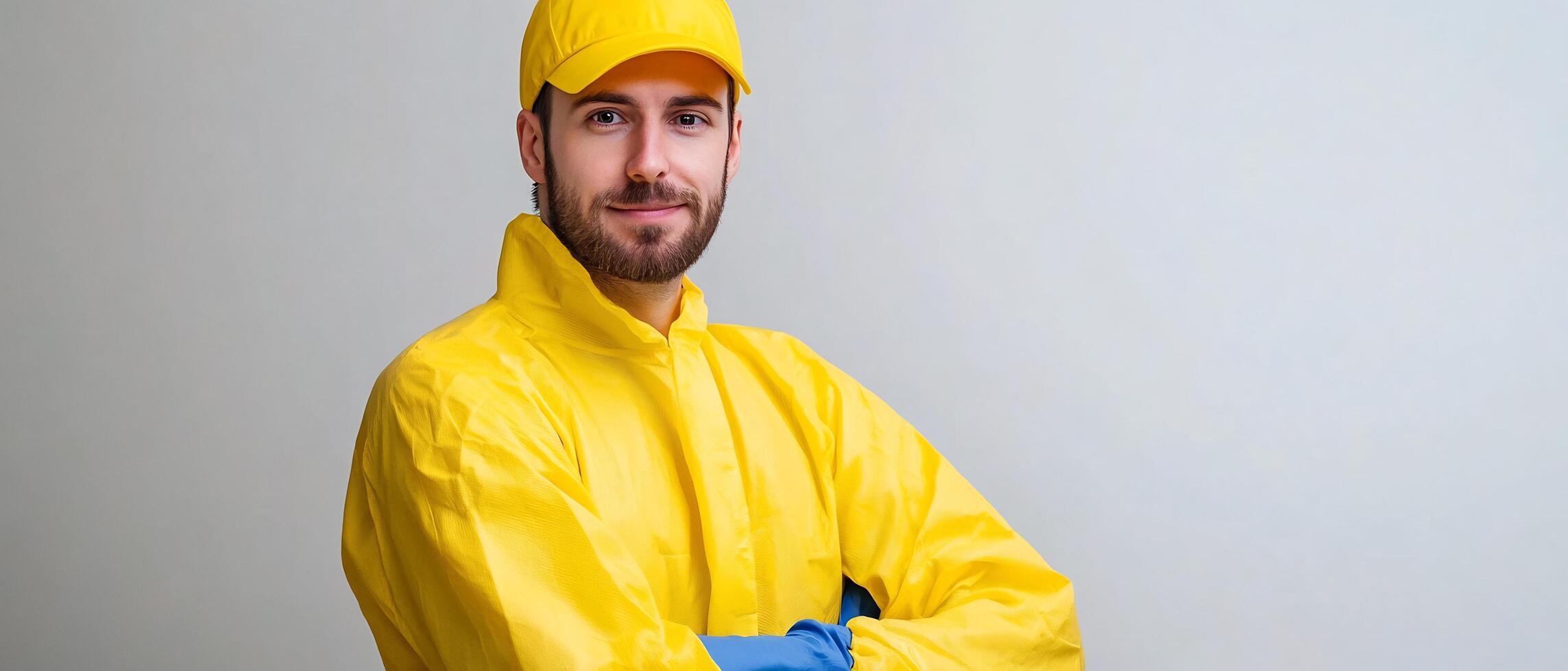 Confident worker in yellow uniform, studio photo