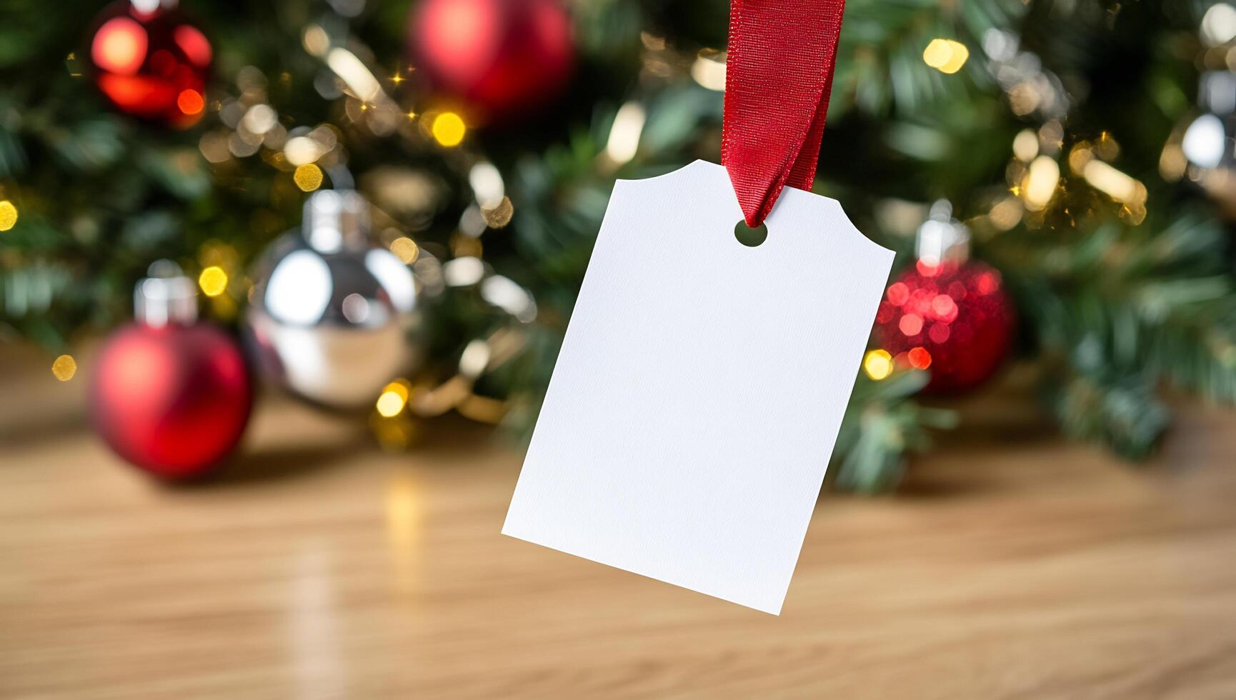 Blank Christmas gift tag, red ribbon, festive background photo