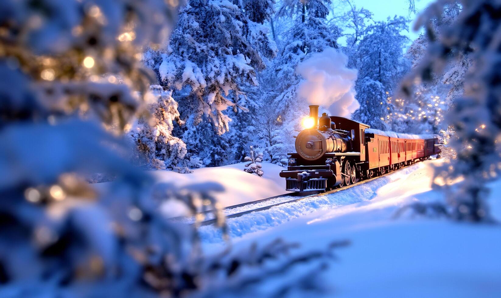 Winter steam train journey through snowy forest photo
