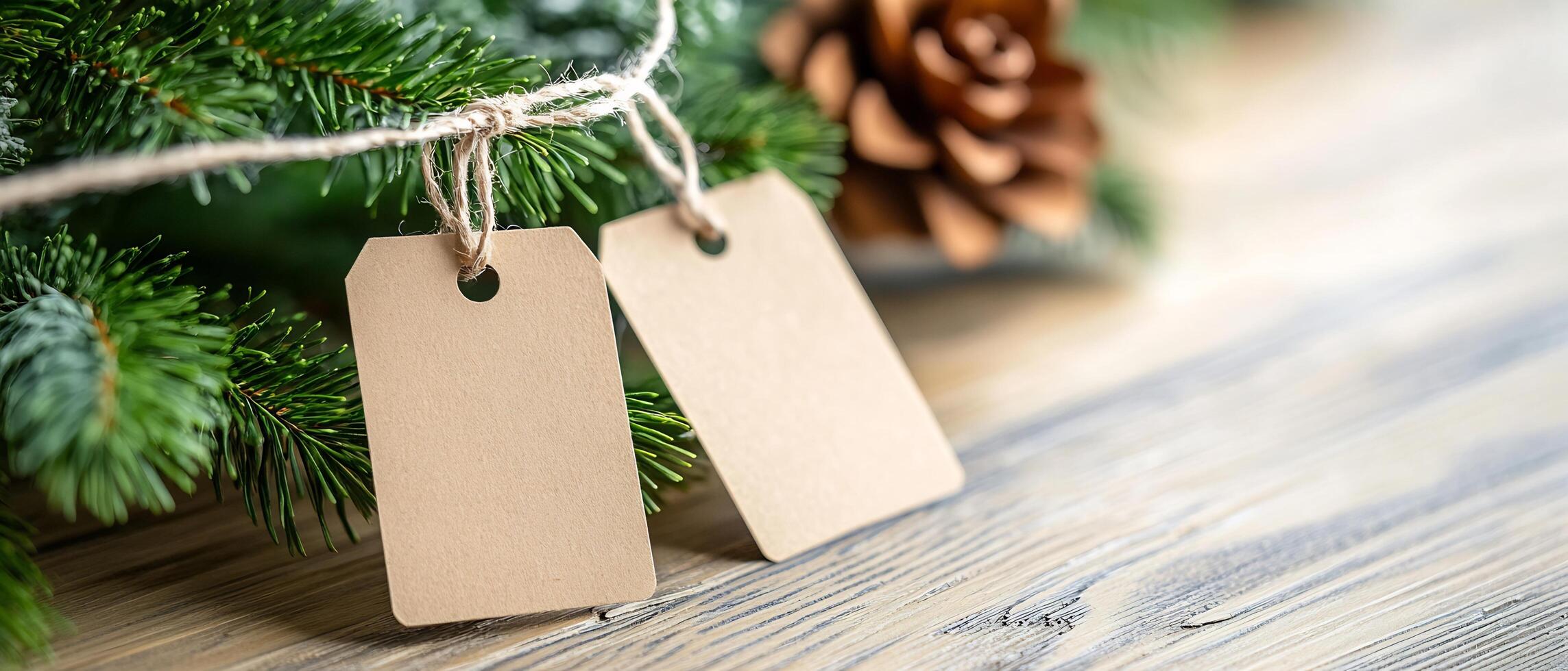 Rustic Christmas gift tags on wood. Pine branch background. Holiday decor photo