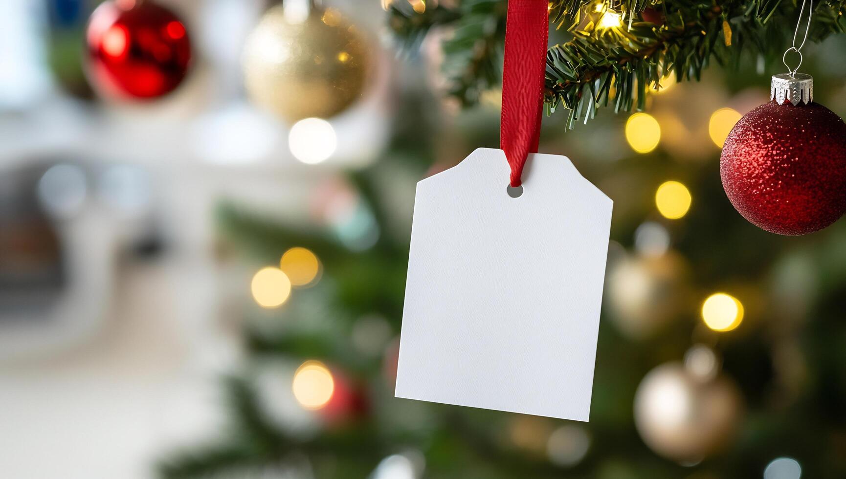 Blank Christmas gift tag on tree. Festive home background. Holiday greeting card photo