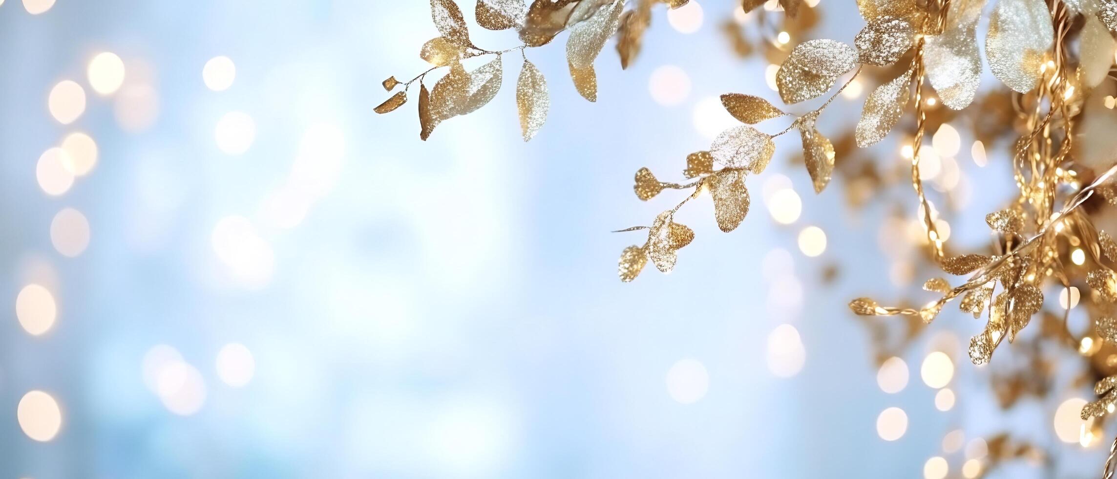 Golden leaves, bokeh lights, festive background photo