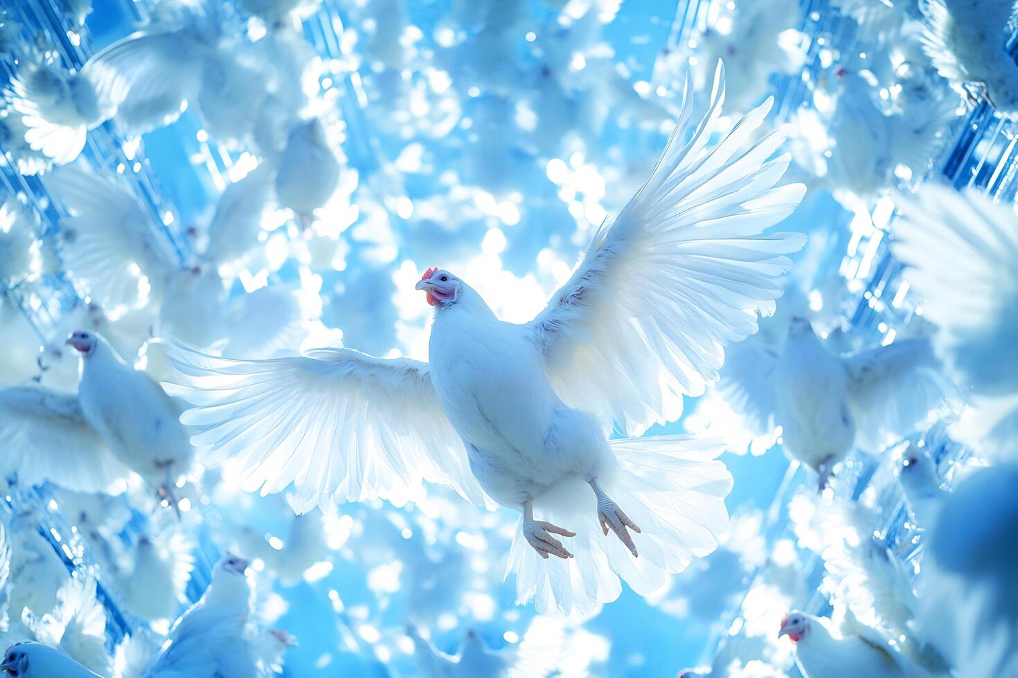 White doves soaring, celestial background, peace concept, spiritual imagery photo