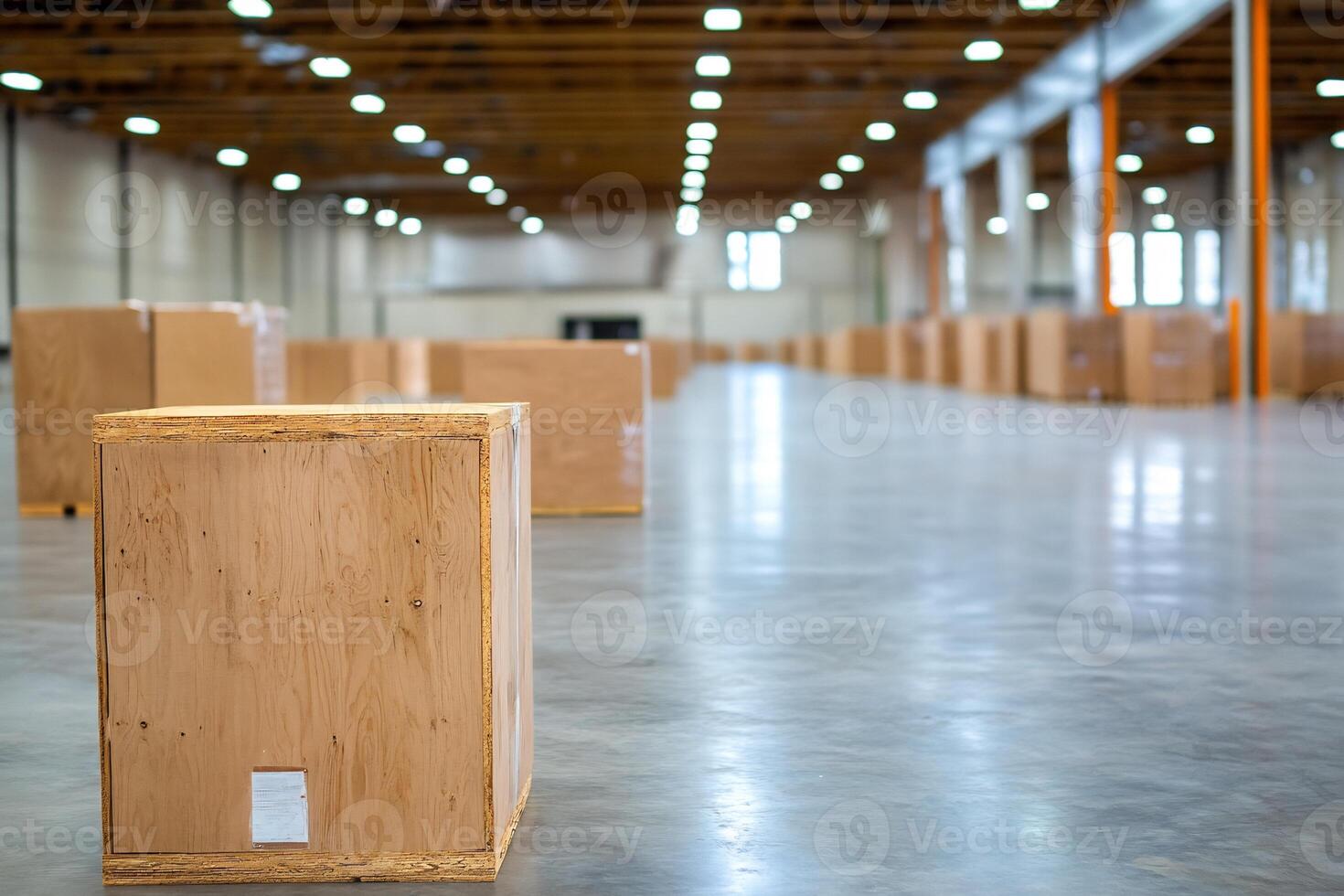 Warehouse Storage Wooden crates in large industrial space photo