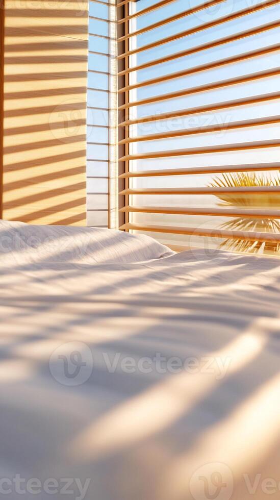 Sunlit bedroom, coastal view, morning light, relaxing scene, vacation home photo
