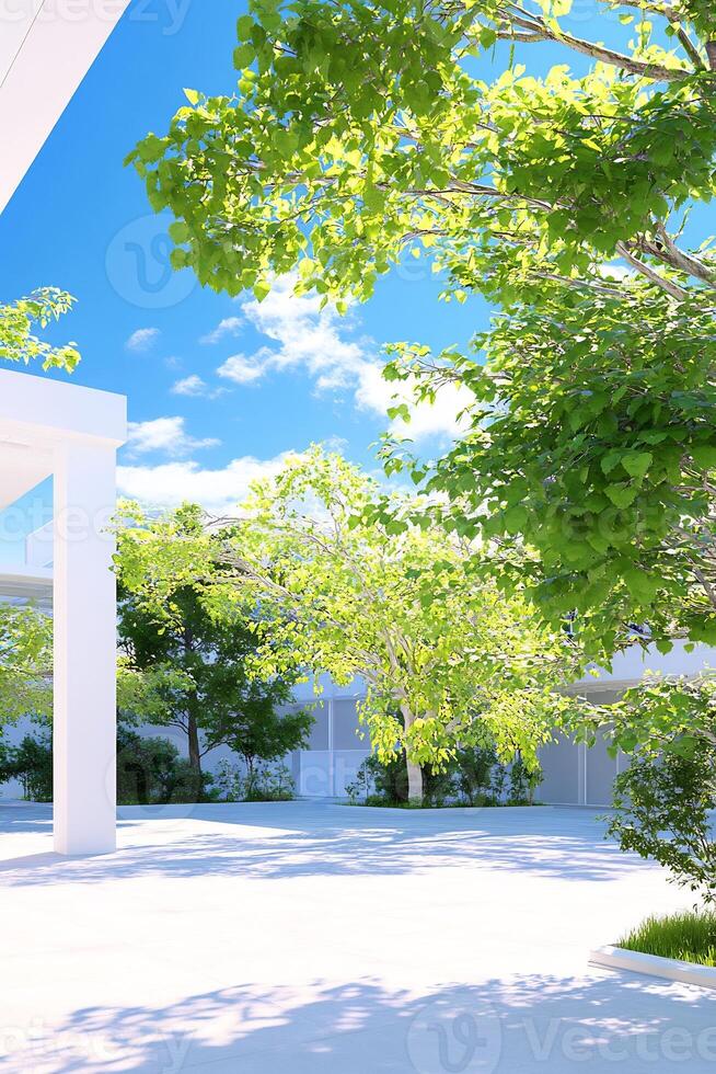 Sunny courtyard, modern building, green trees, summer day, architectural design photo