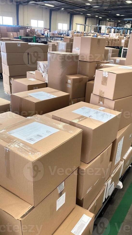 Warehouse inventory, cardboard boxes stacked, logistics, distribution center photo
