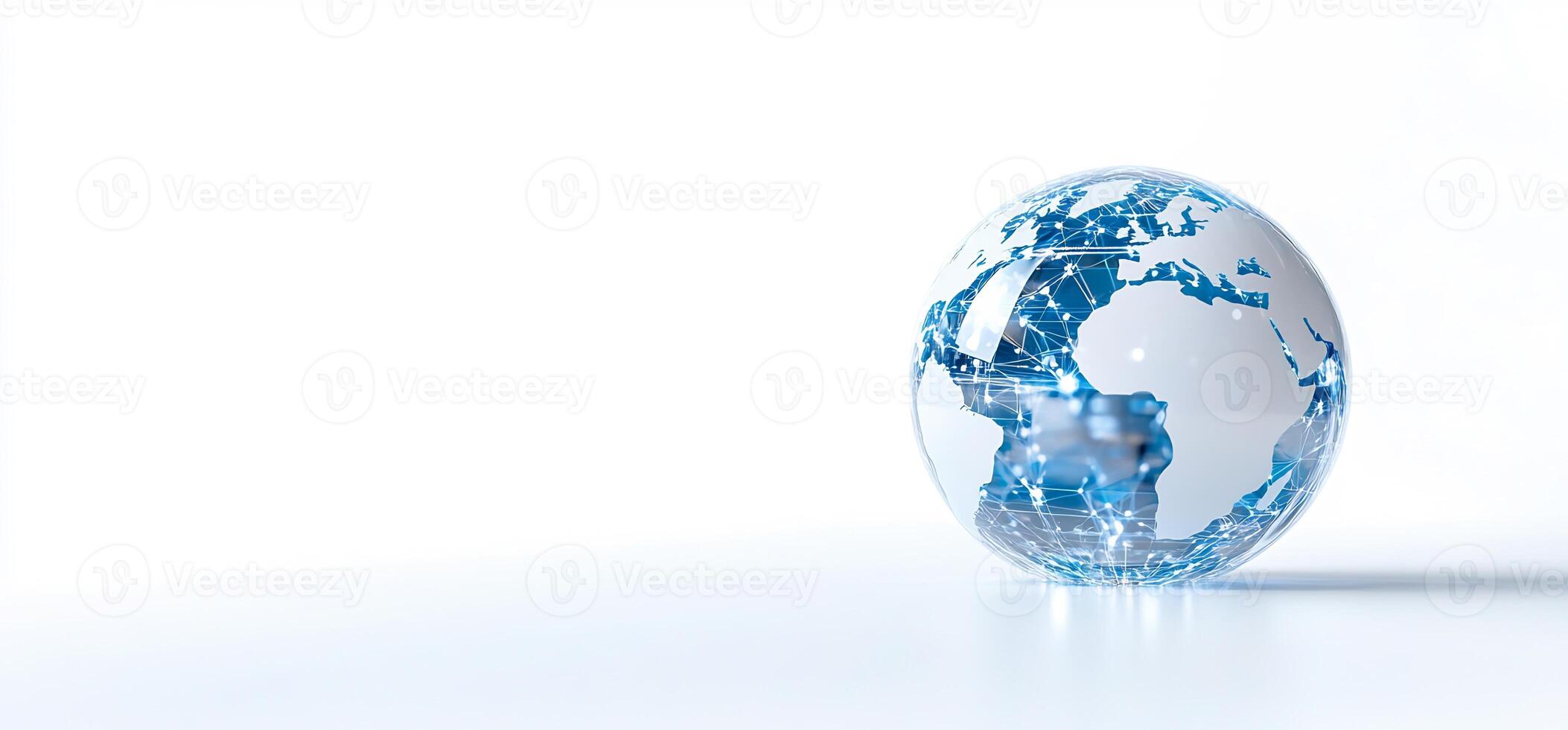 A globe with a blue and white world map inside photo
