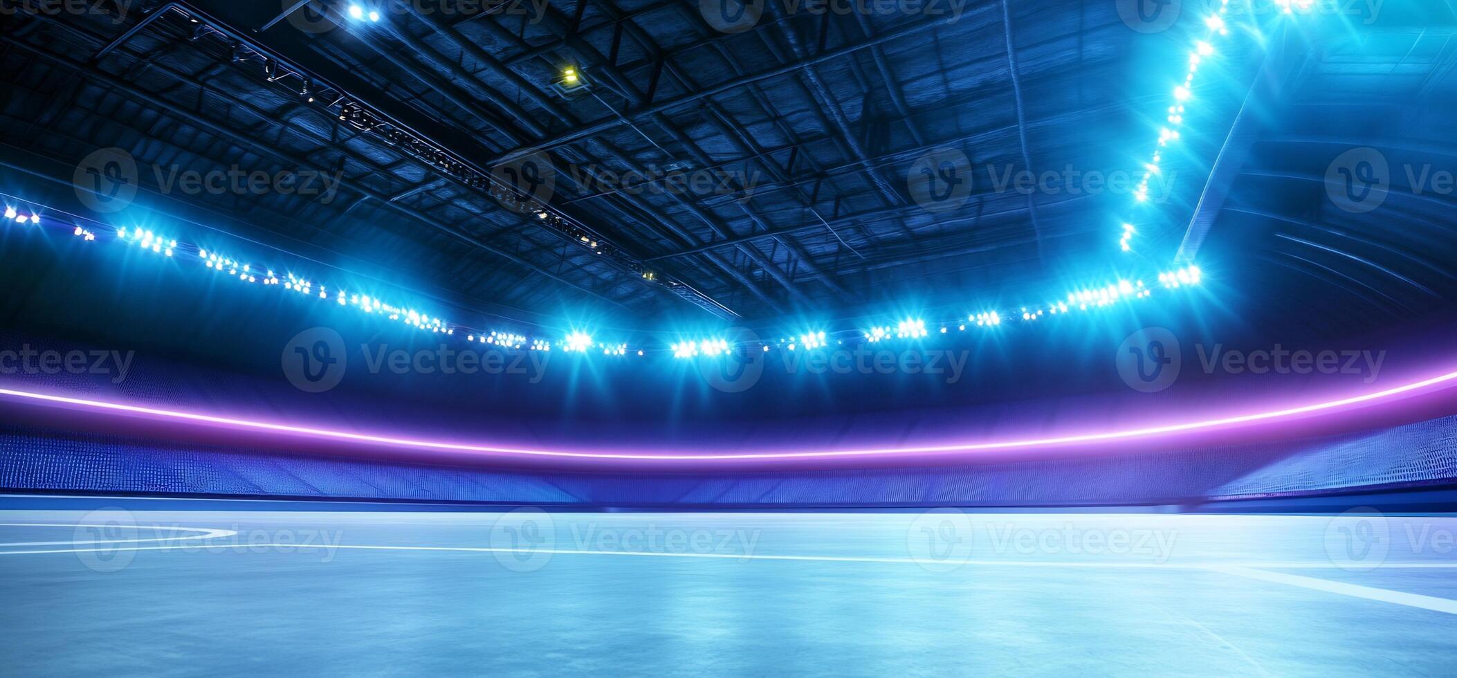 Empty ice rink arena, bright lights, night. Sports event background photo