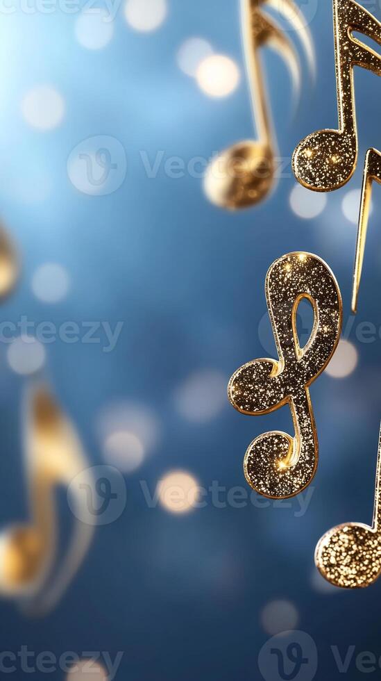 Golden musical notes falling, bokeh background, festive, music concept photo