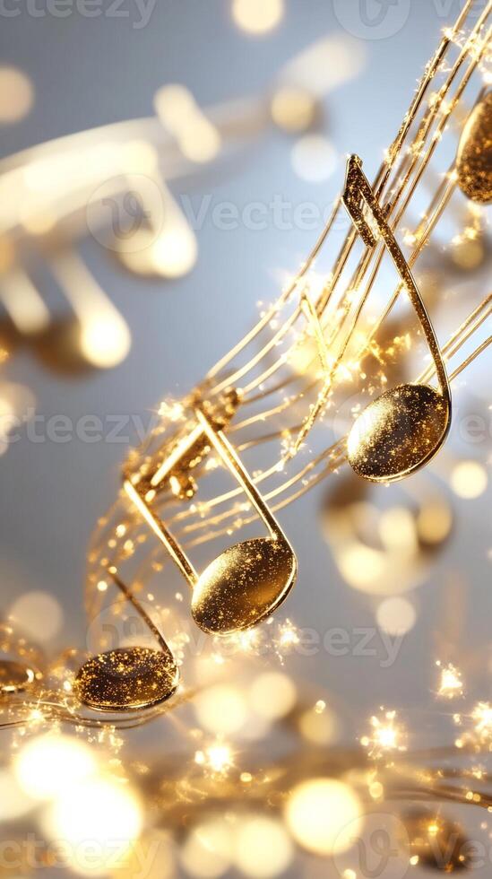 Golden musical notes sparkle, festive background, holiday card photo