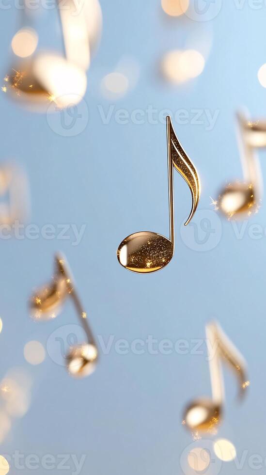 Golden music notes falling, blue background, musical concept, website header photo