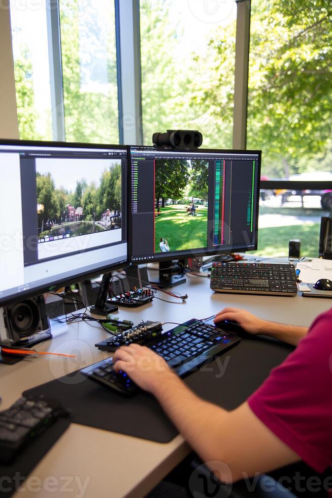 Editor editing at desk, park view photo