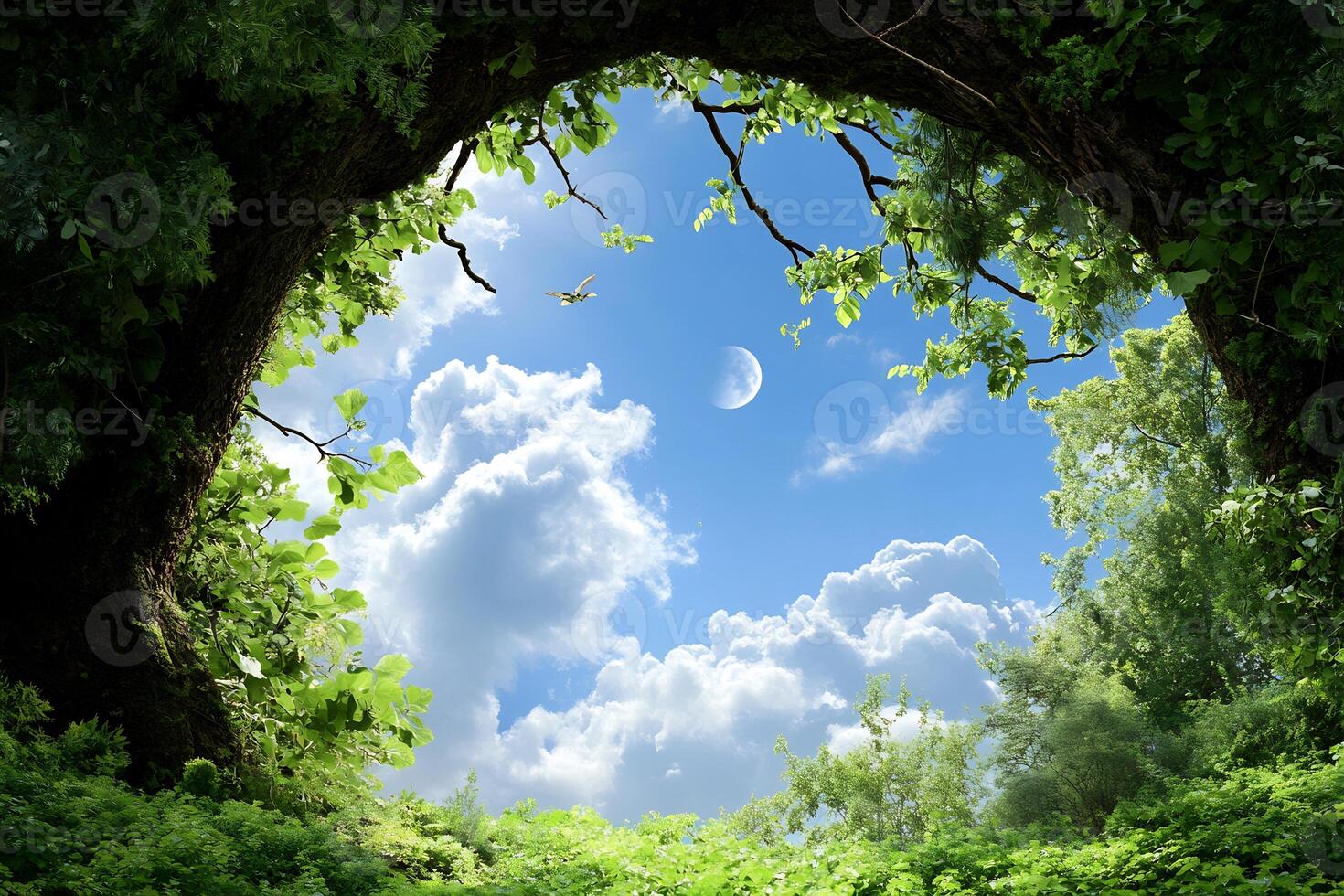 A green tunnel with a blue sky and clouds photo