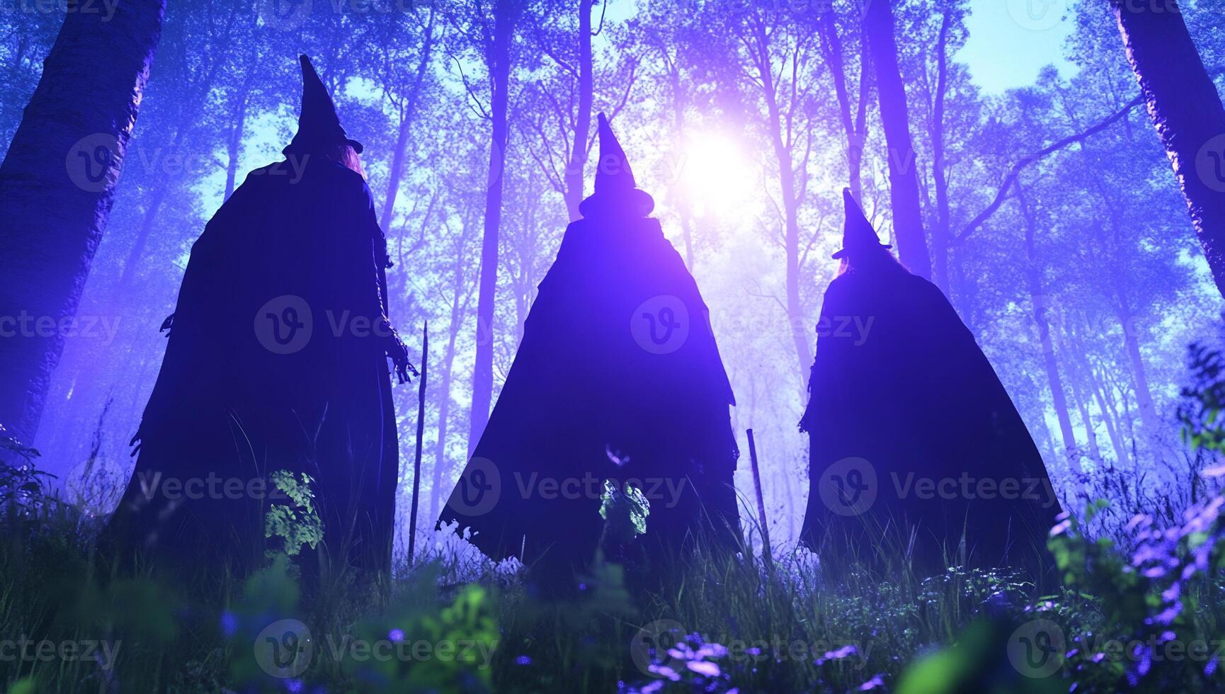 Three witches walk in mystical forest at dusk. Halloween imagery photo