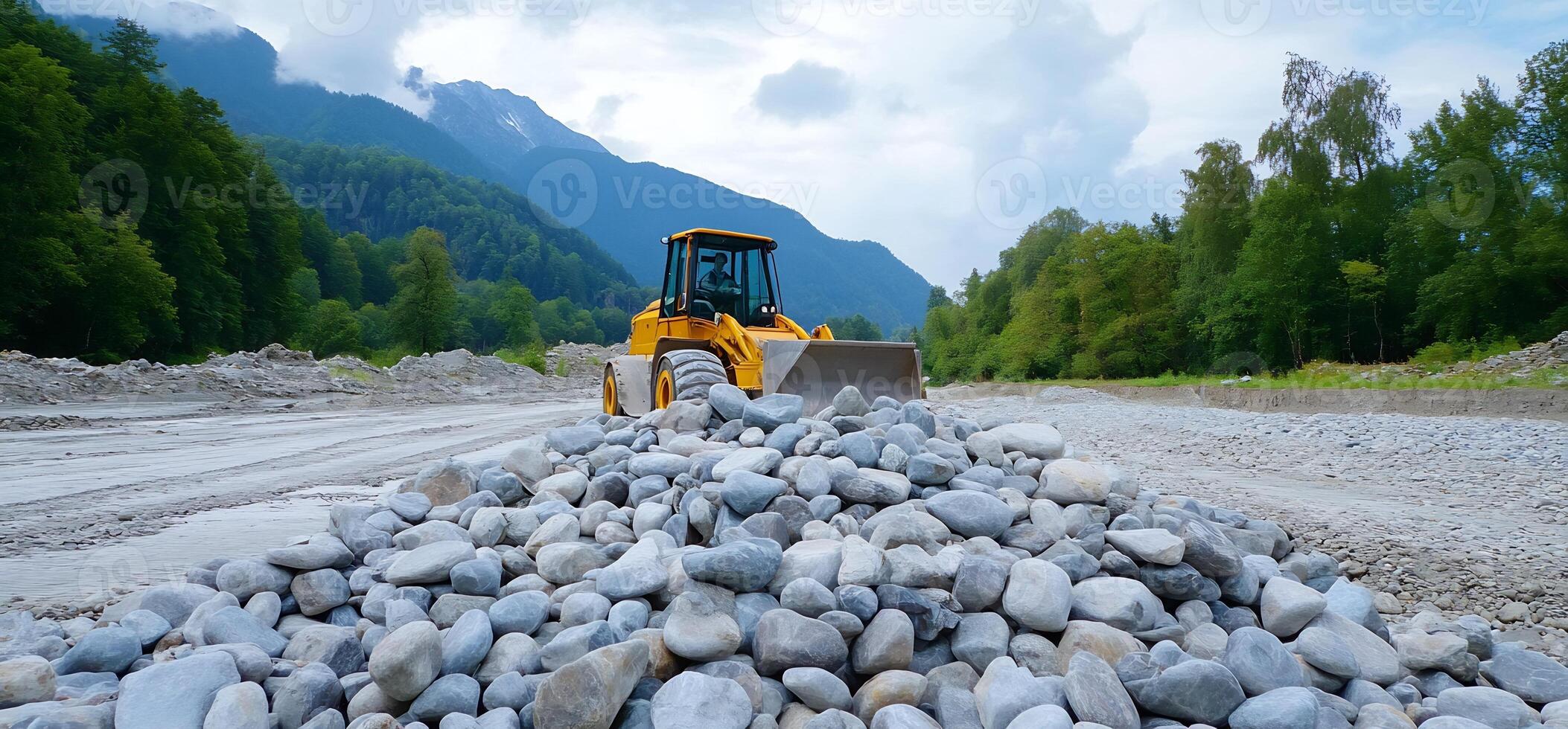 Loader moves rocks, mountain backdrop. Construction site photo
