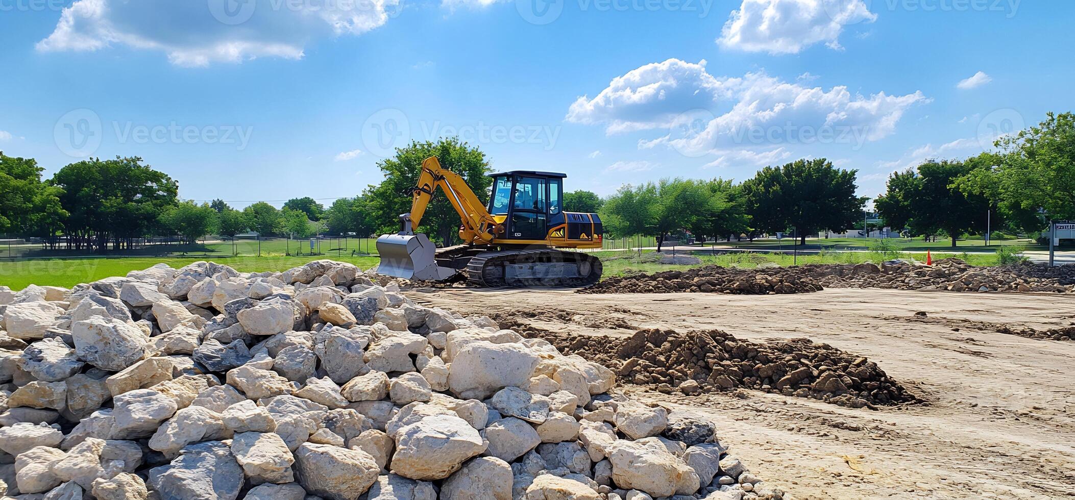 Excavator moves rocks at construction site, sunny day, trees background photo