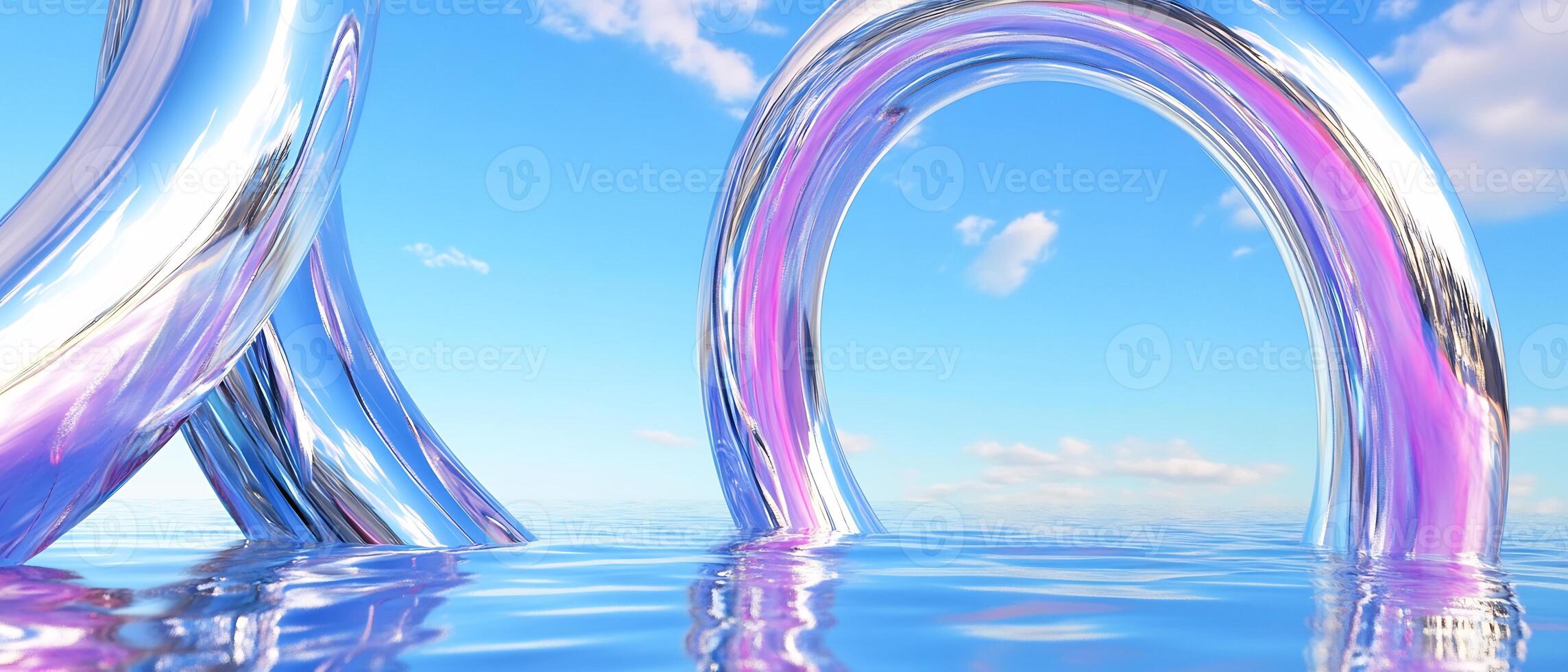 A blue and purple curved metal sculpture floating in the water photo
