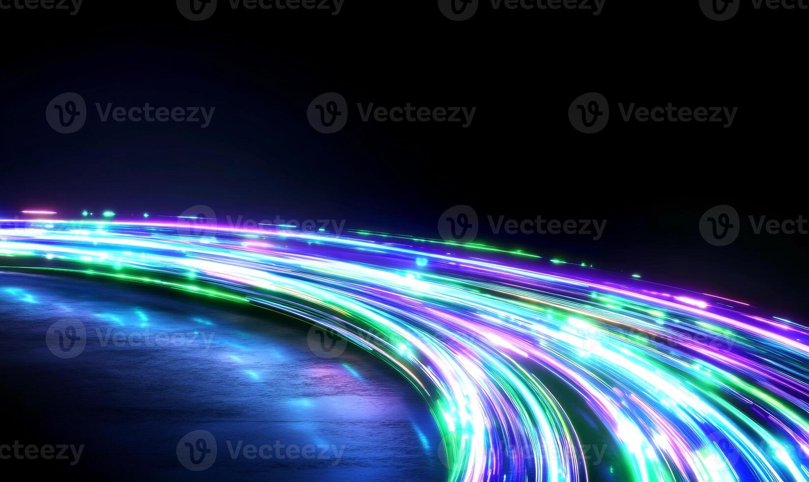 Neon light trails curve on dark ground, futuristic background, tech design photo