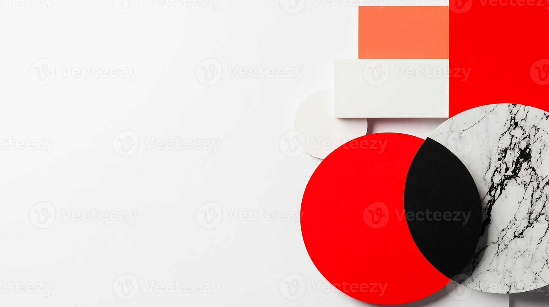 Red, white, and marble shapes on white background. Abstract design for branding photo