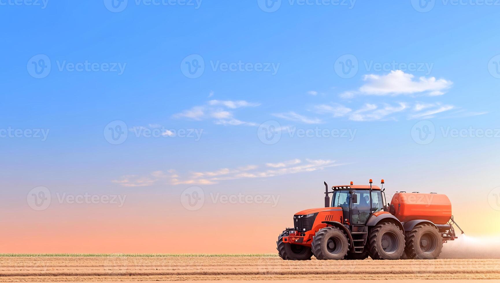 Tractor spraying field at sunset. Agriculture, farming, rural photo
