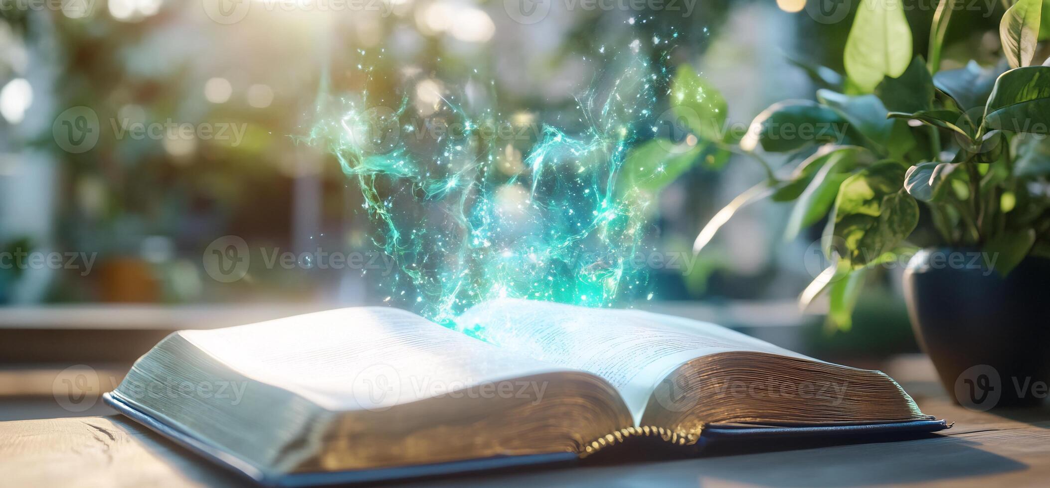 Open book, magic glow, garden background, fantasy photo