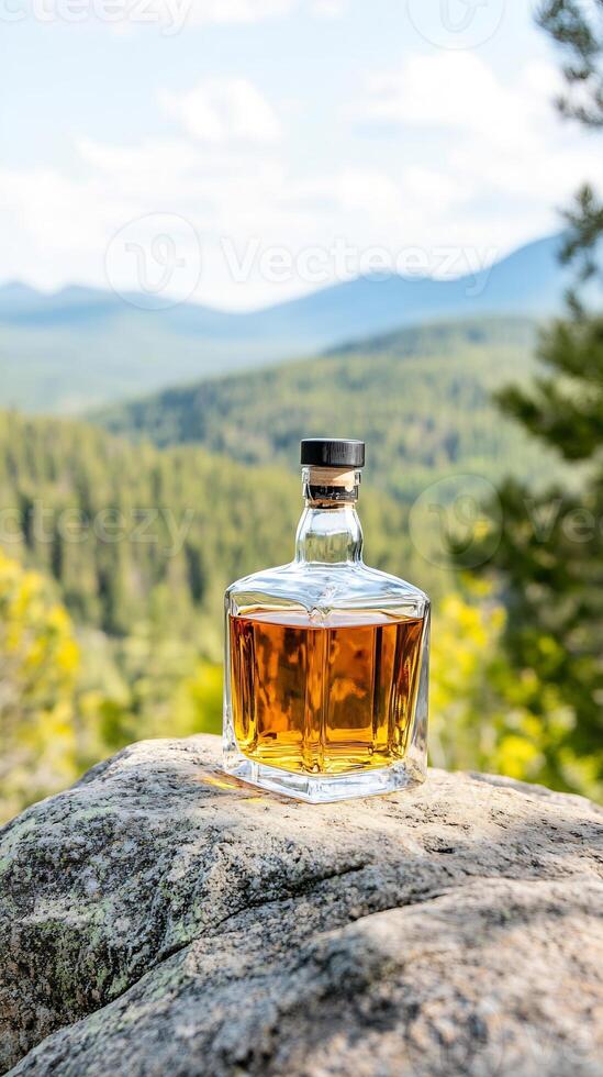 Whiskey bottle rests on mountain rock, scenic view photo