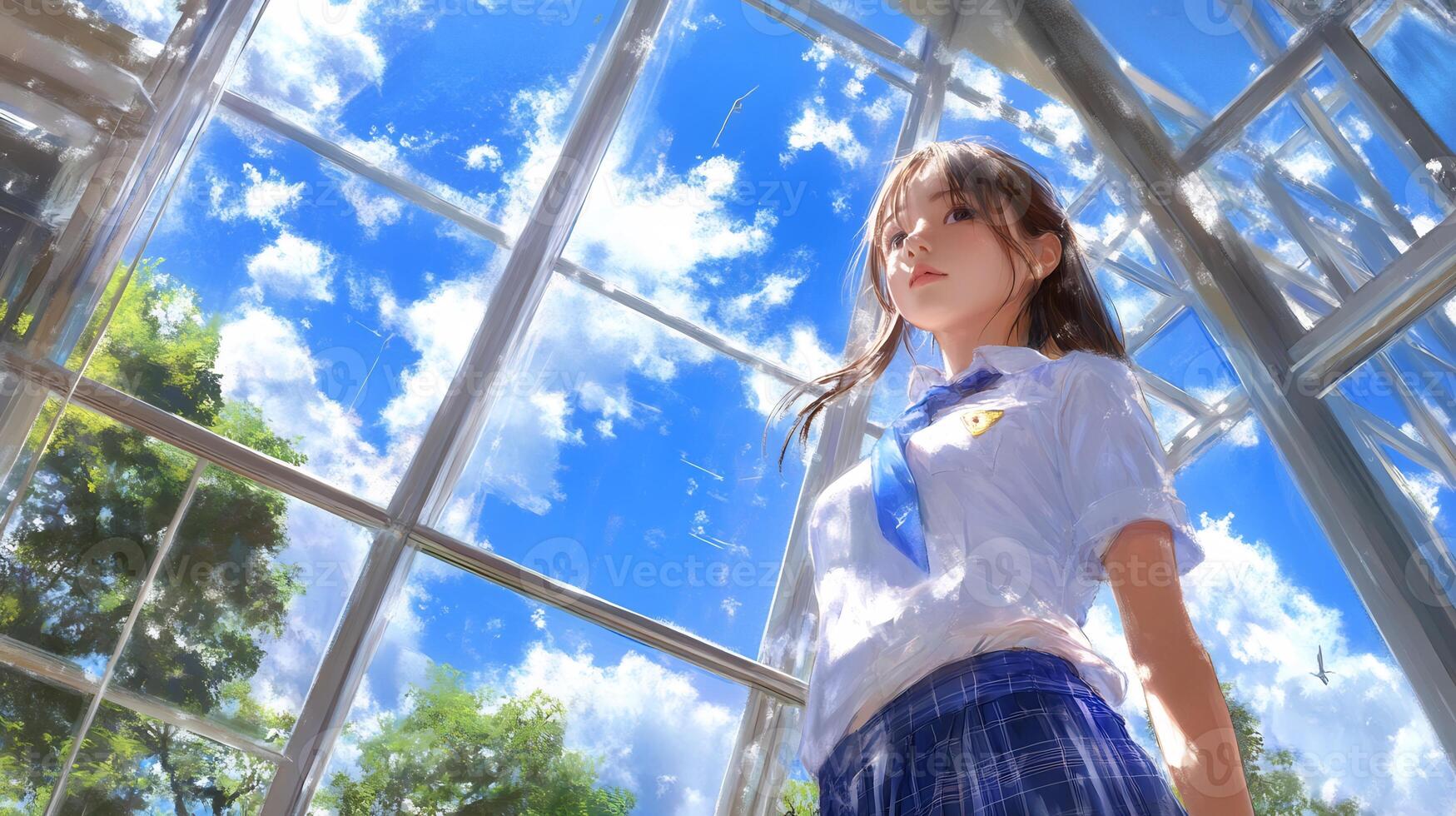 Girl in school uniform, gazing skyward, modern building, summer day, education illustration photo