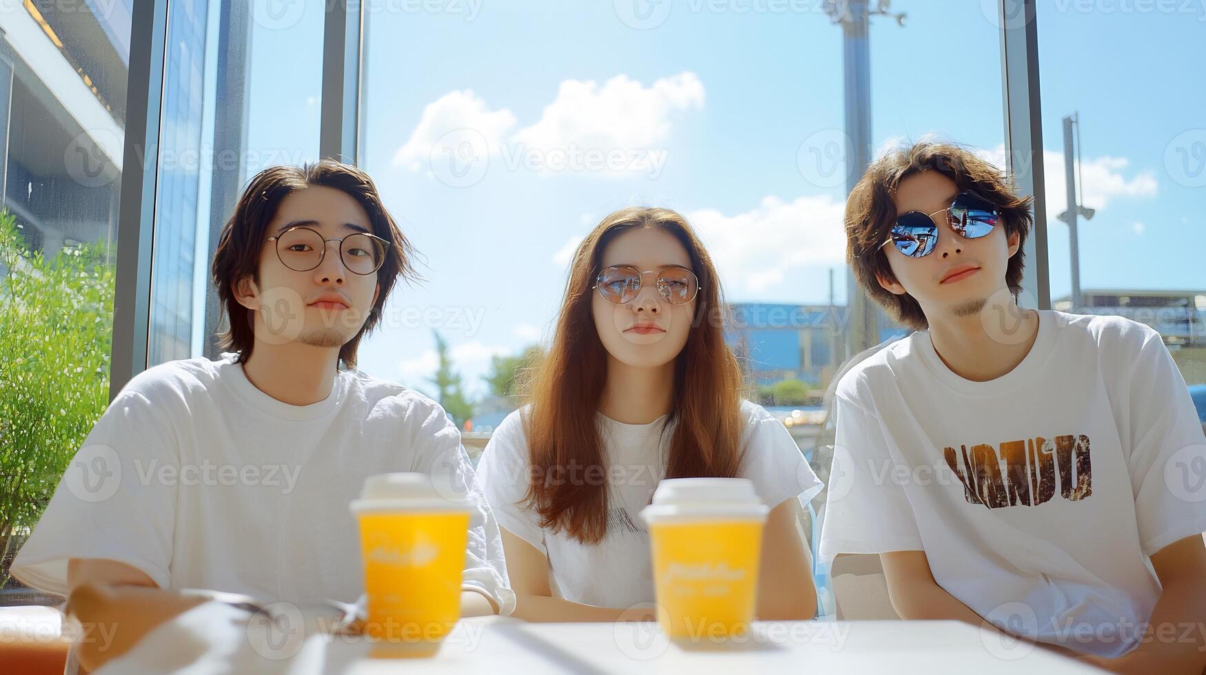 Friends enjoy drinks, sunny cafe, city view photo