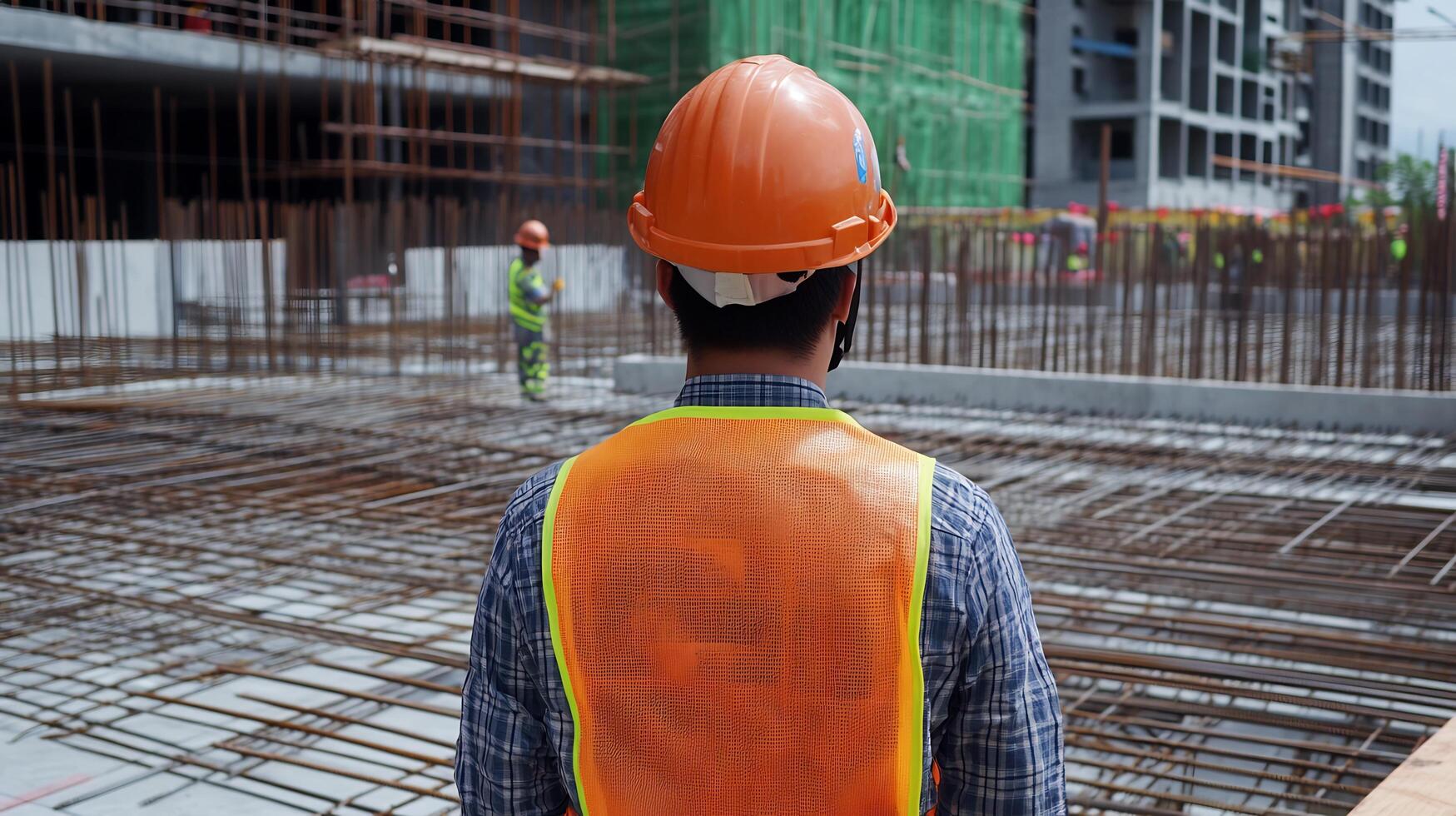 A construction worker in an orange vest and hard hat photo
