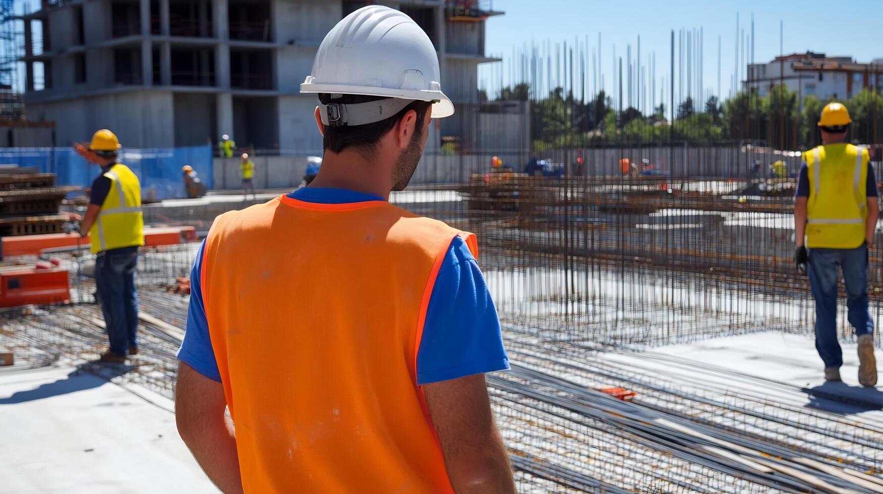 Construction workers at work on a construction site photo