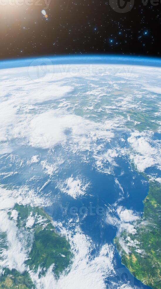 Earth view from space, sunrise, clouds, ocean, atmosphere. Use science, education photo