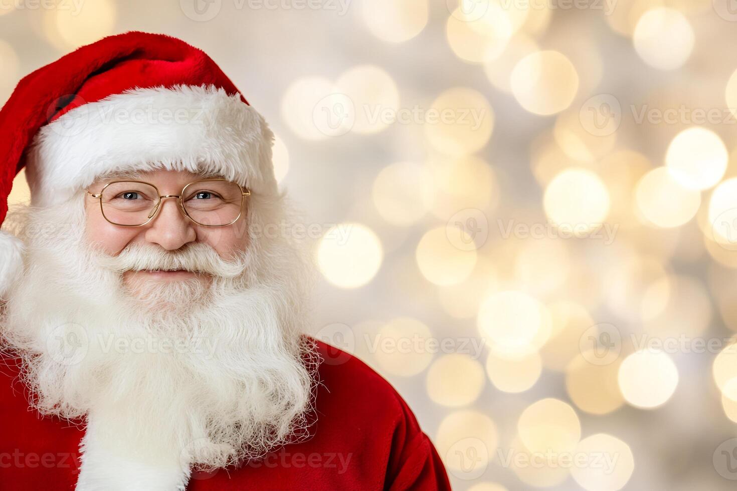 Jolly Santa Claus portrait, Christmas lights background, holiday greeting card photo