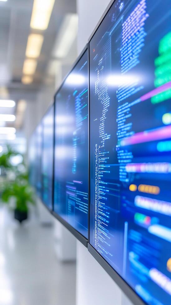 A large screen with data on it in an office photo