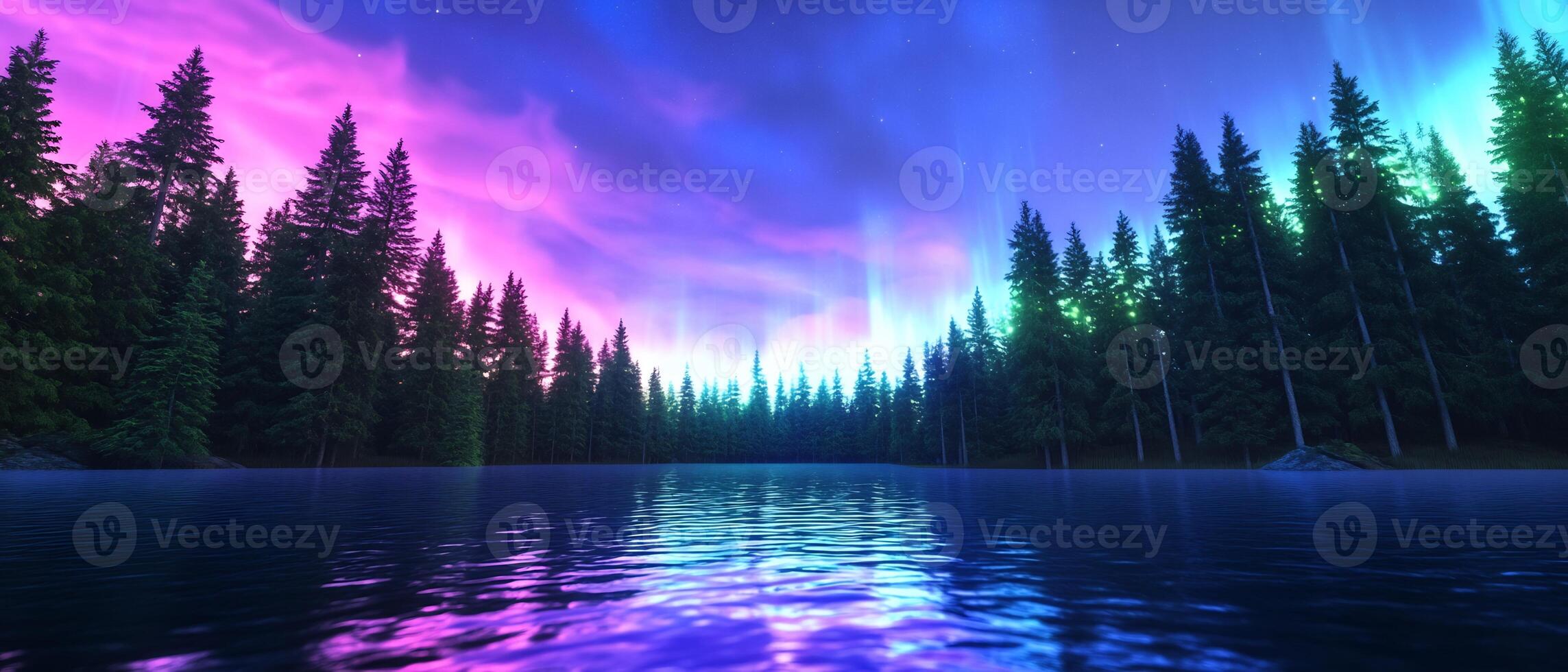 Aurora borealis over lake, pine forest, night. Peaceful nature scene photo