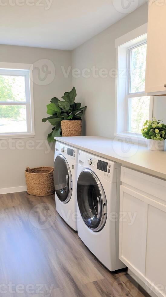 Modern laundry room with washer, dryer, and natural light photo