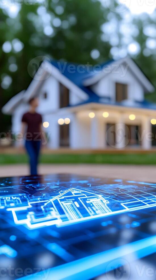 Woman walks near smart home, digital floor plan displayed. Real estate, technology photo