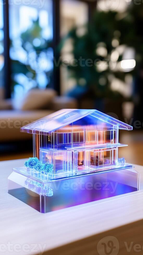 Smart home model, interior design, living room background, futuristic technology, real estate photo