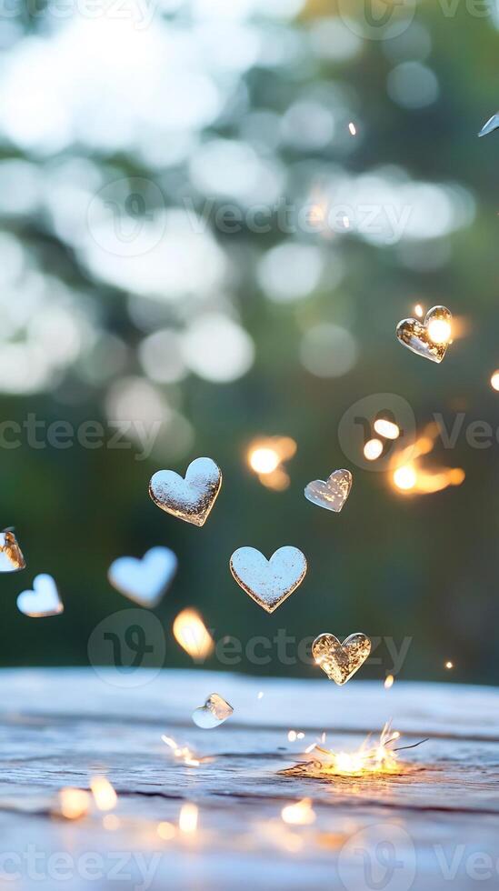 Silver hearts falling, bokeh background, romantic, wood table, Valentine's Day card photo