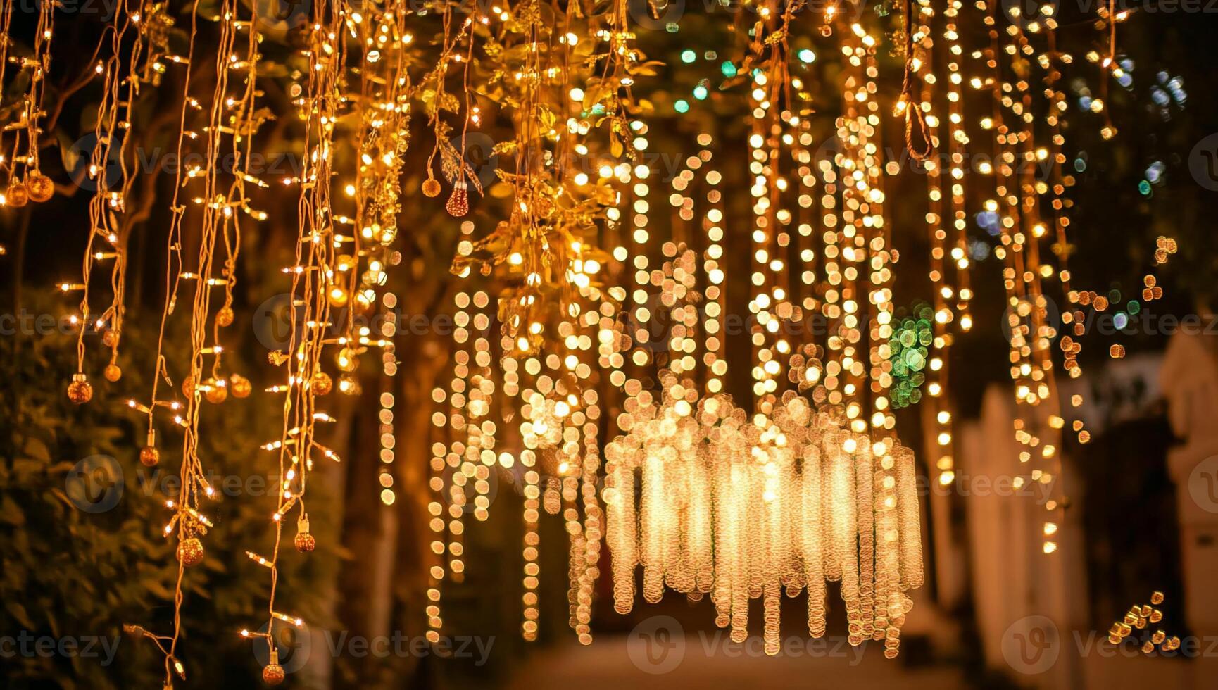A pathway adorned with cascading decorative lights for a festive atmosphere. photo