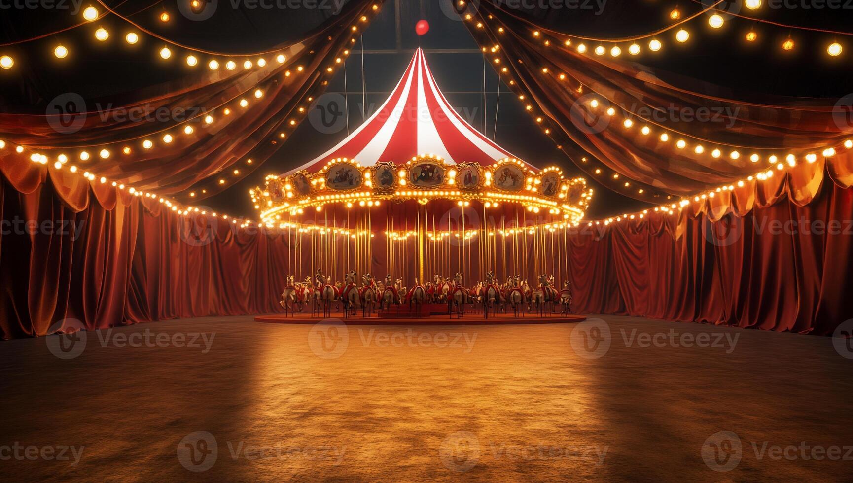 A vibrant carousel in a festive circus setting with warm lighting. photo