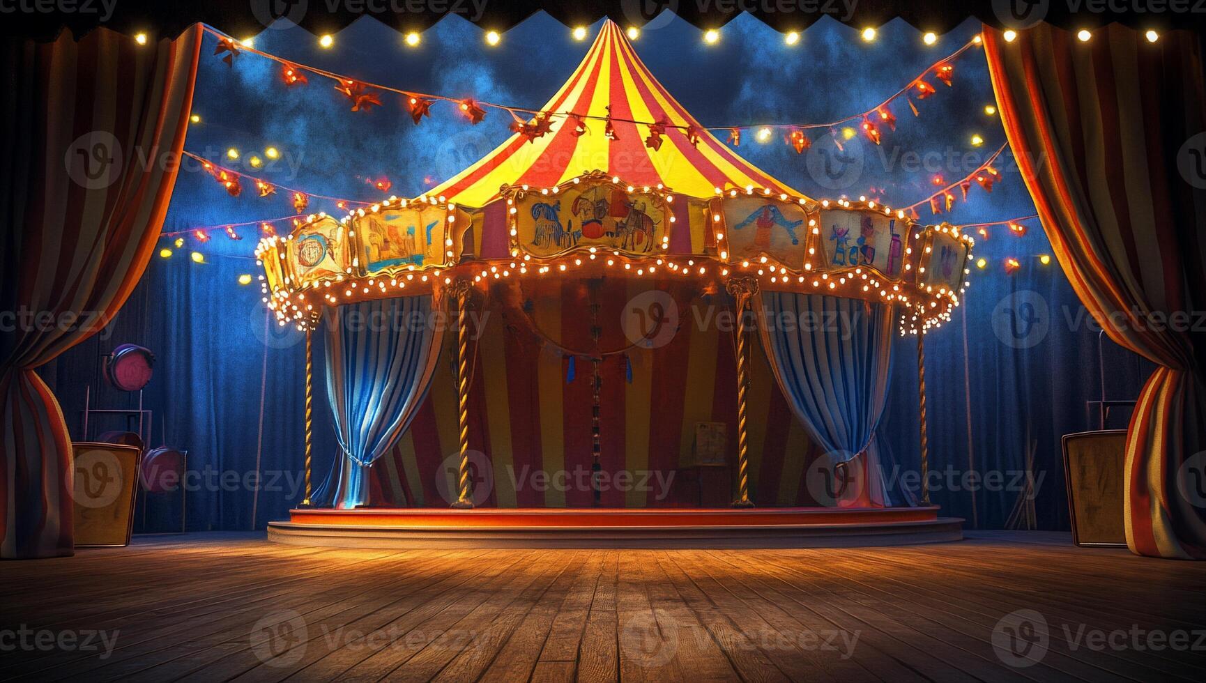 A vibrant circus tent stage adorned with lights and decorations. photo