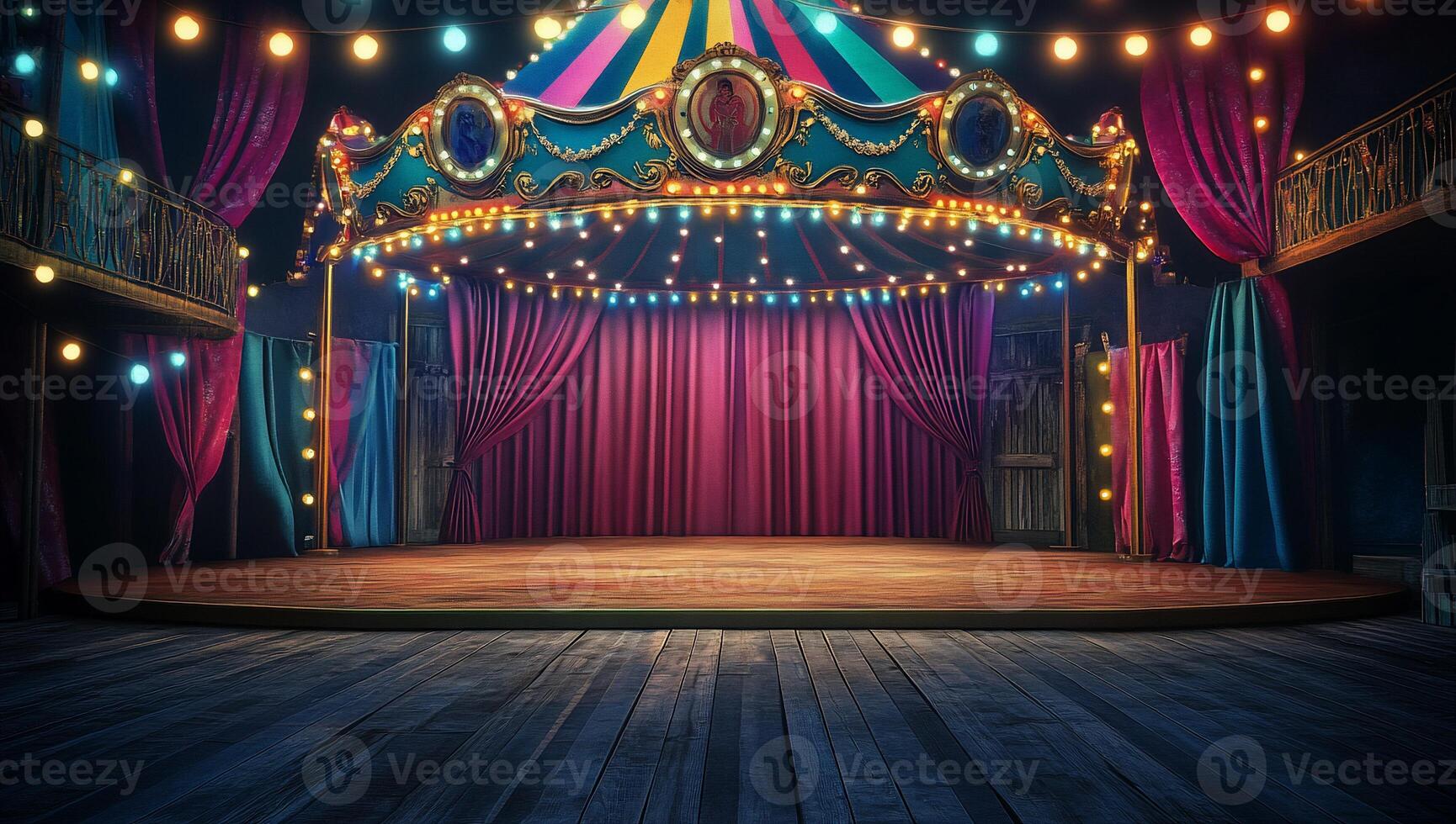 A vibrant circus stage with colorful lights and draped curtains. photo